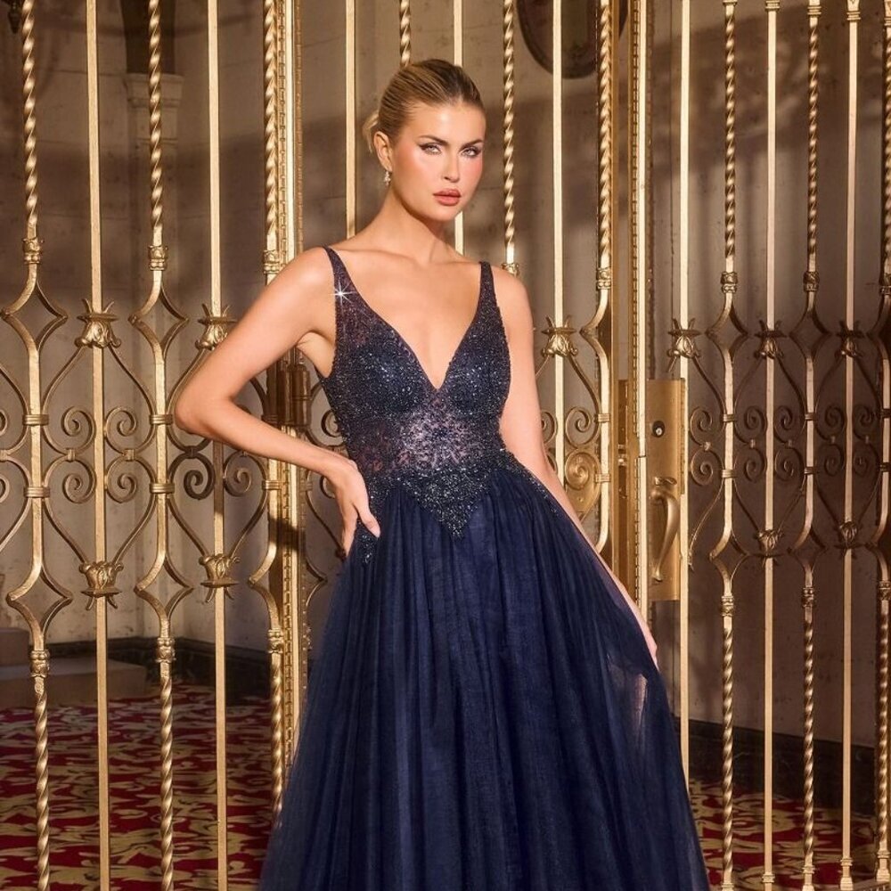 New Navy Rhinestones Embellished Graduation A-Line Gown w/ V-Neckline CD CR880